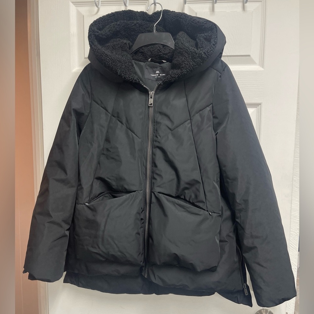 Andrew Marc Black Hooded Ski Jacket sz M